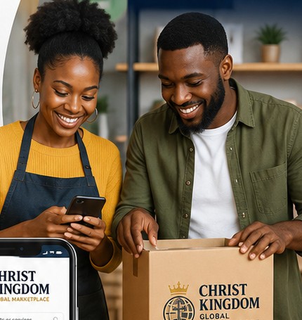 A Christian couple shopping on the Christ Kingdom Global Marketplace app